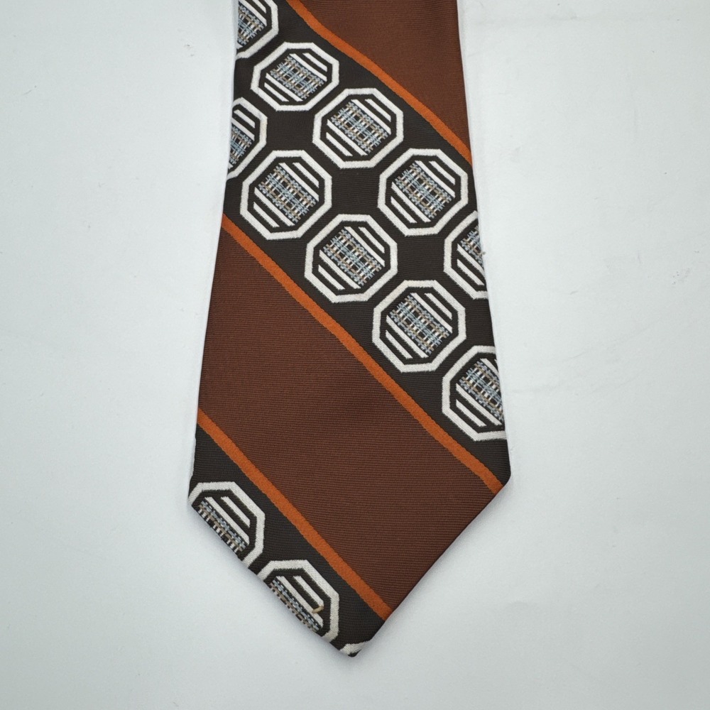 Vintage 1970s Wide Tie Brown Orange‎ Honeycomb Geometric Retro Polyester Necktie